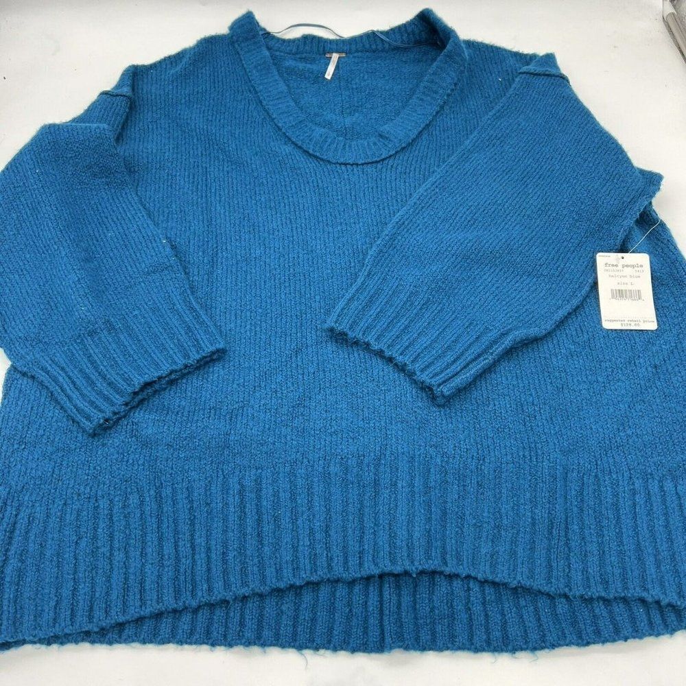 Free People Oversized Sweater Size L Blue Scoop Neck Pullover Jumper Boho NWT